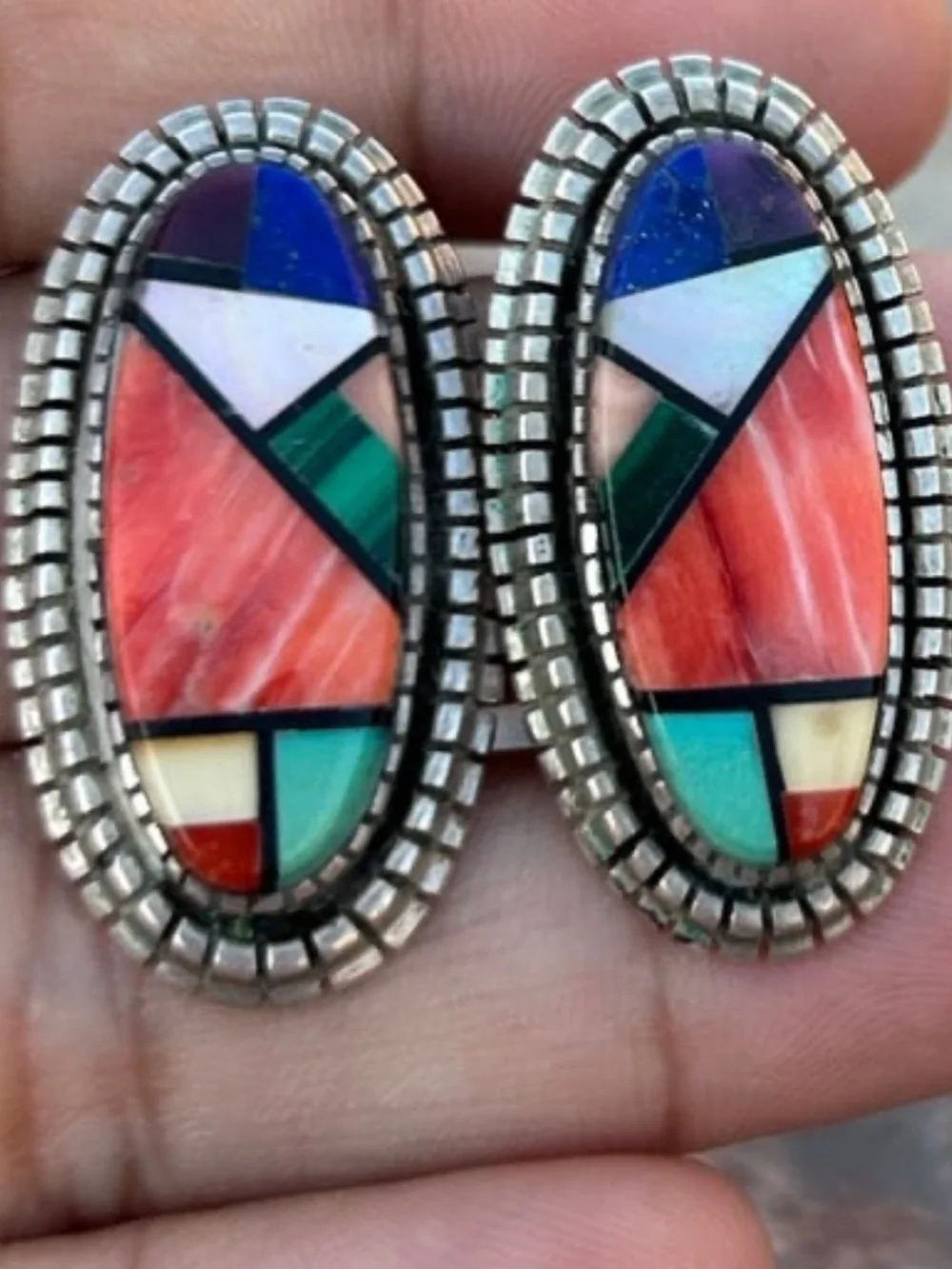 Sterling silver inlay gem Stones  Coral Natural Opal, Orange Spin clip earrings